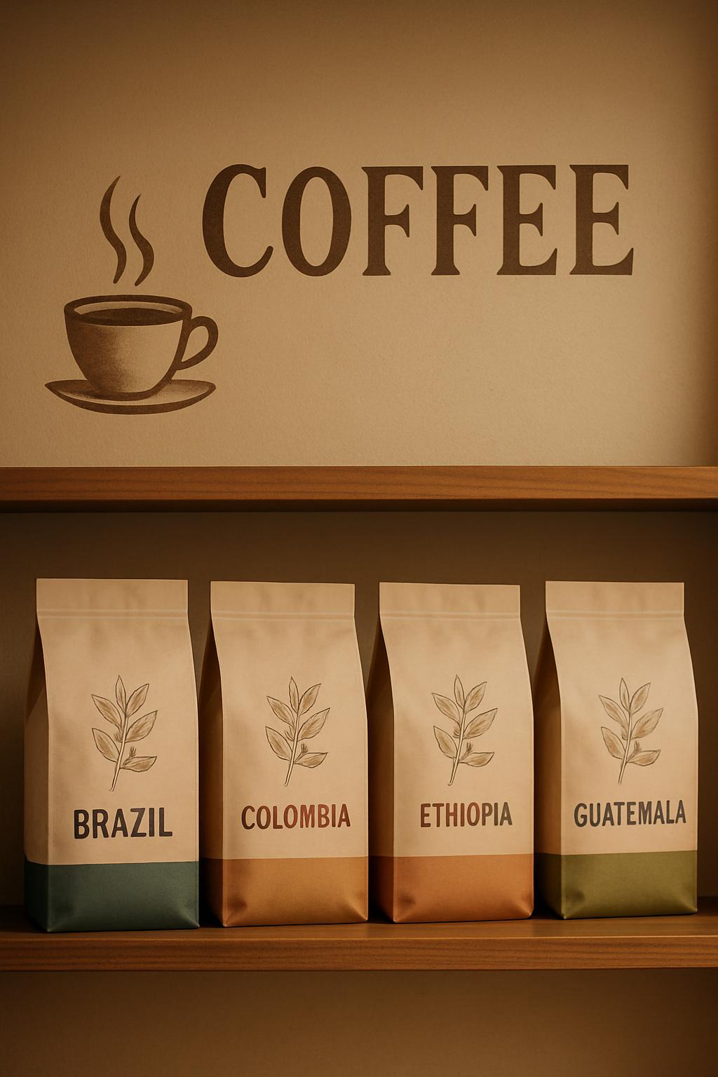 A shelf displaying the varieties of coffee: Brazil, Colombia, Ethiopia, and Guatemala. The shelf is set in a dimly lit bro...