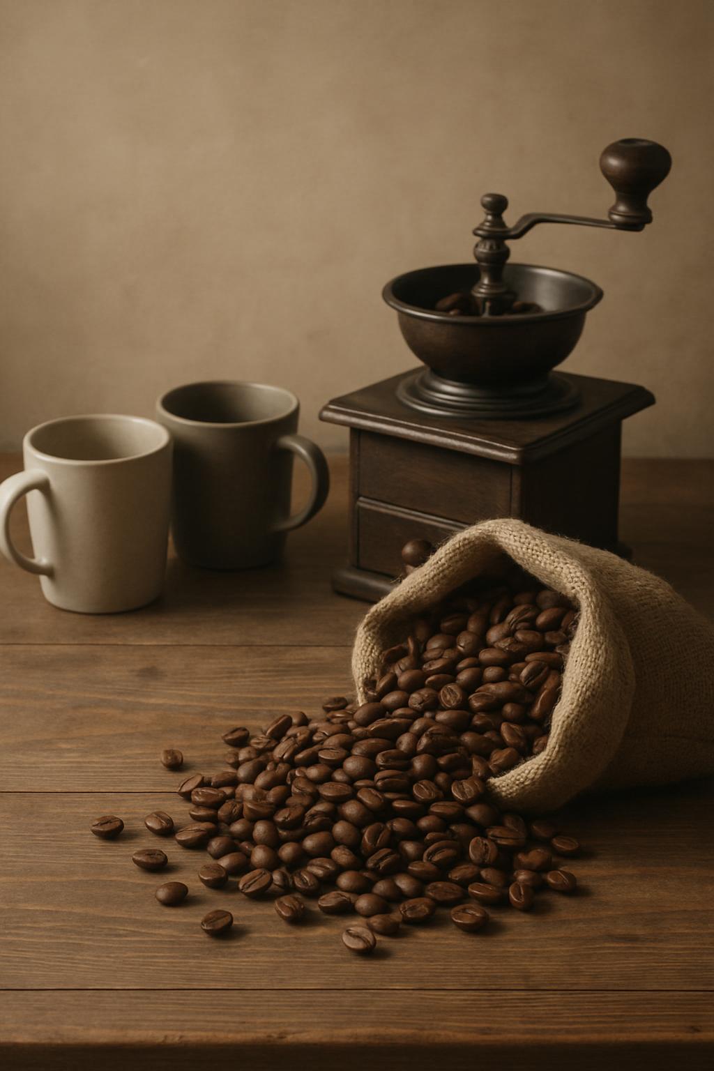 A burlap sack filled with dark coffee beans is spilling onto a wooden surface, in front of a wooden coffee grinder and two...