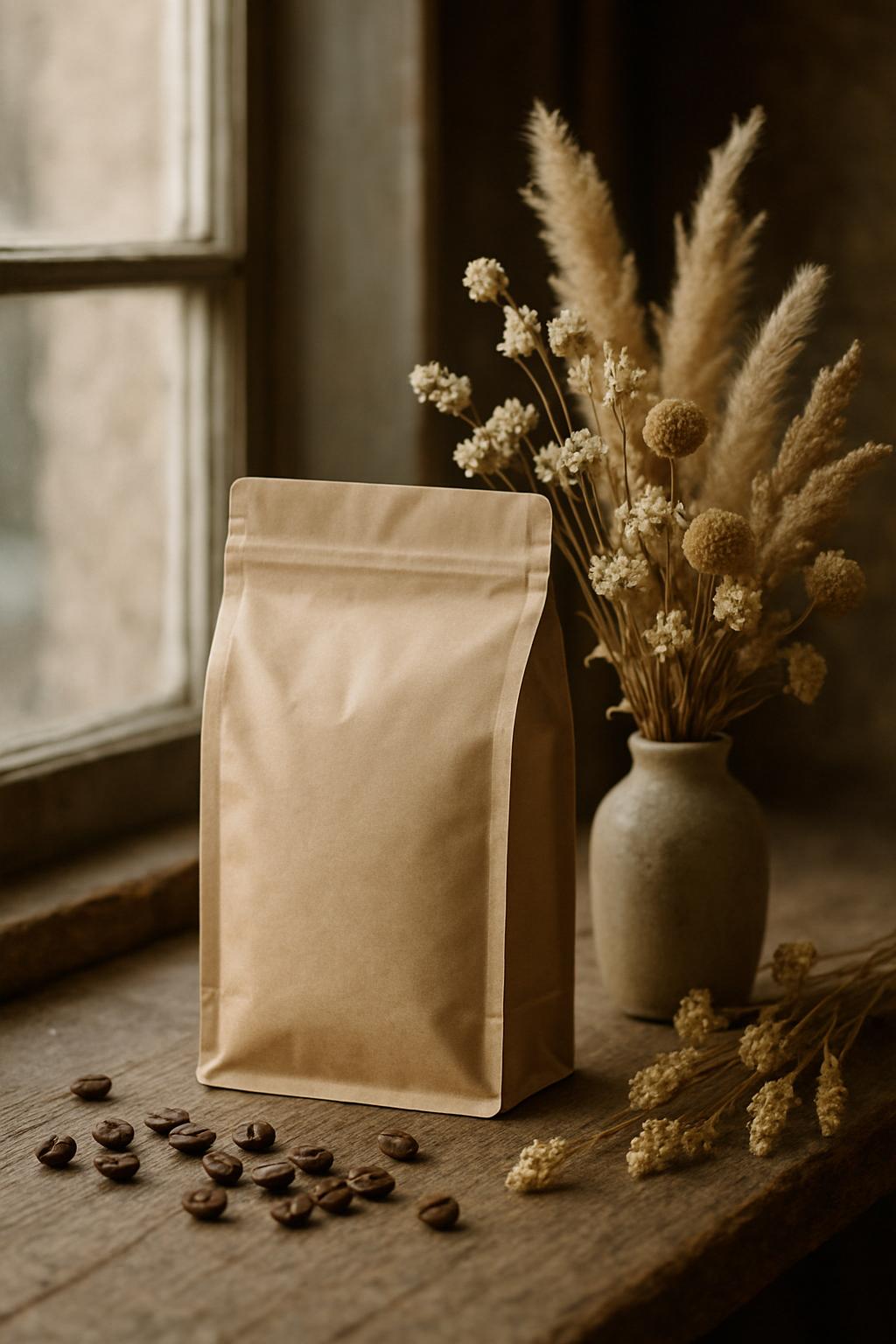 Blank brown kraft paper package on wooden counter by a window with scattered coffee beans and vase with dried flowers nearby.